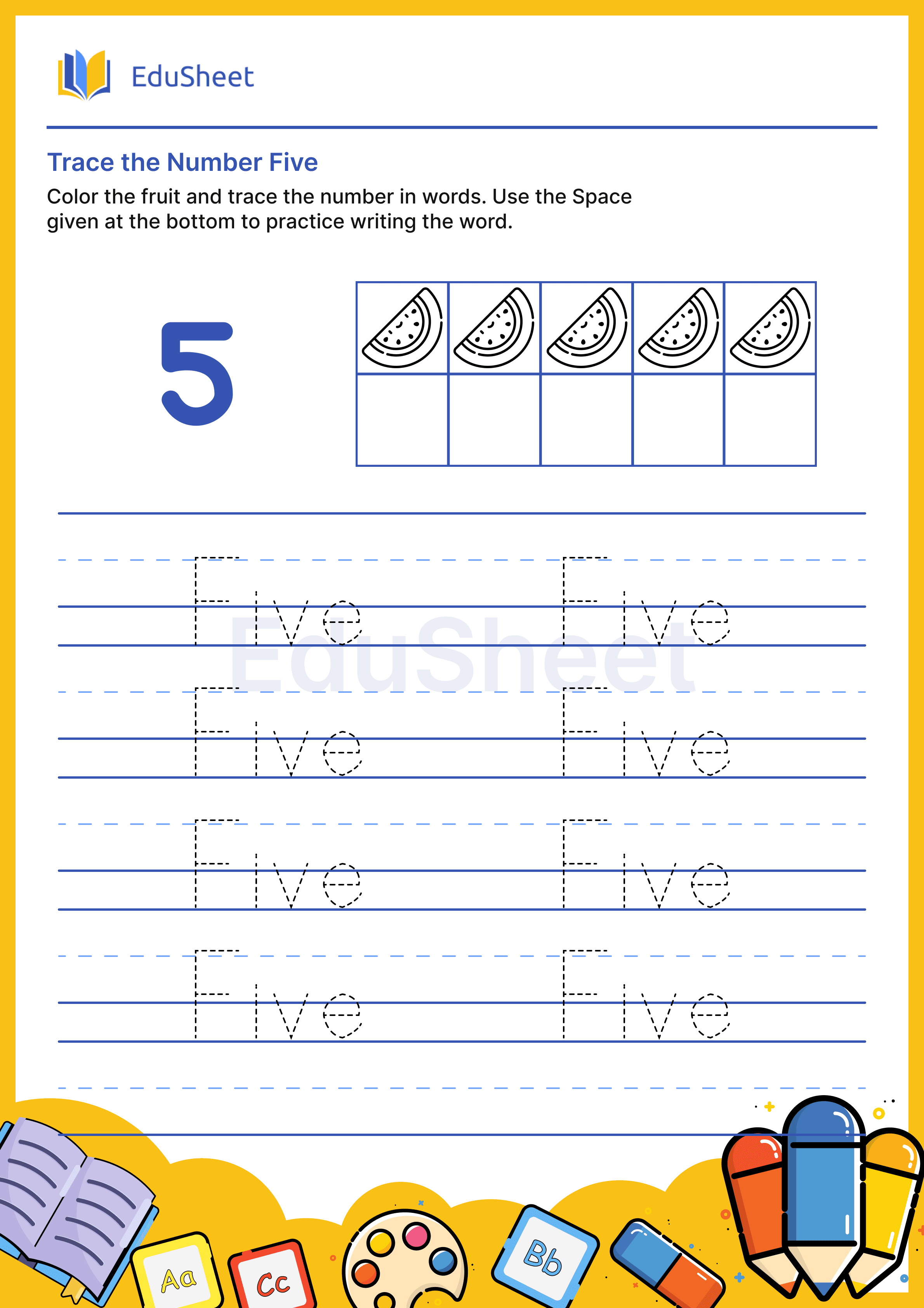 Trace fruits Numbers in Word "Five"