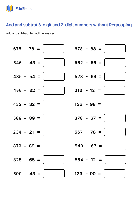 Add and subtrat 3-digit and 2-digit numbers without Regrouping Part 1
