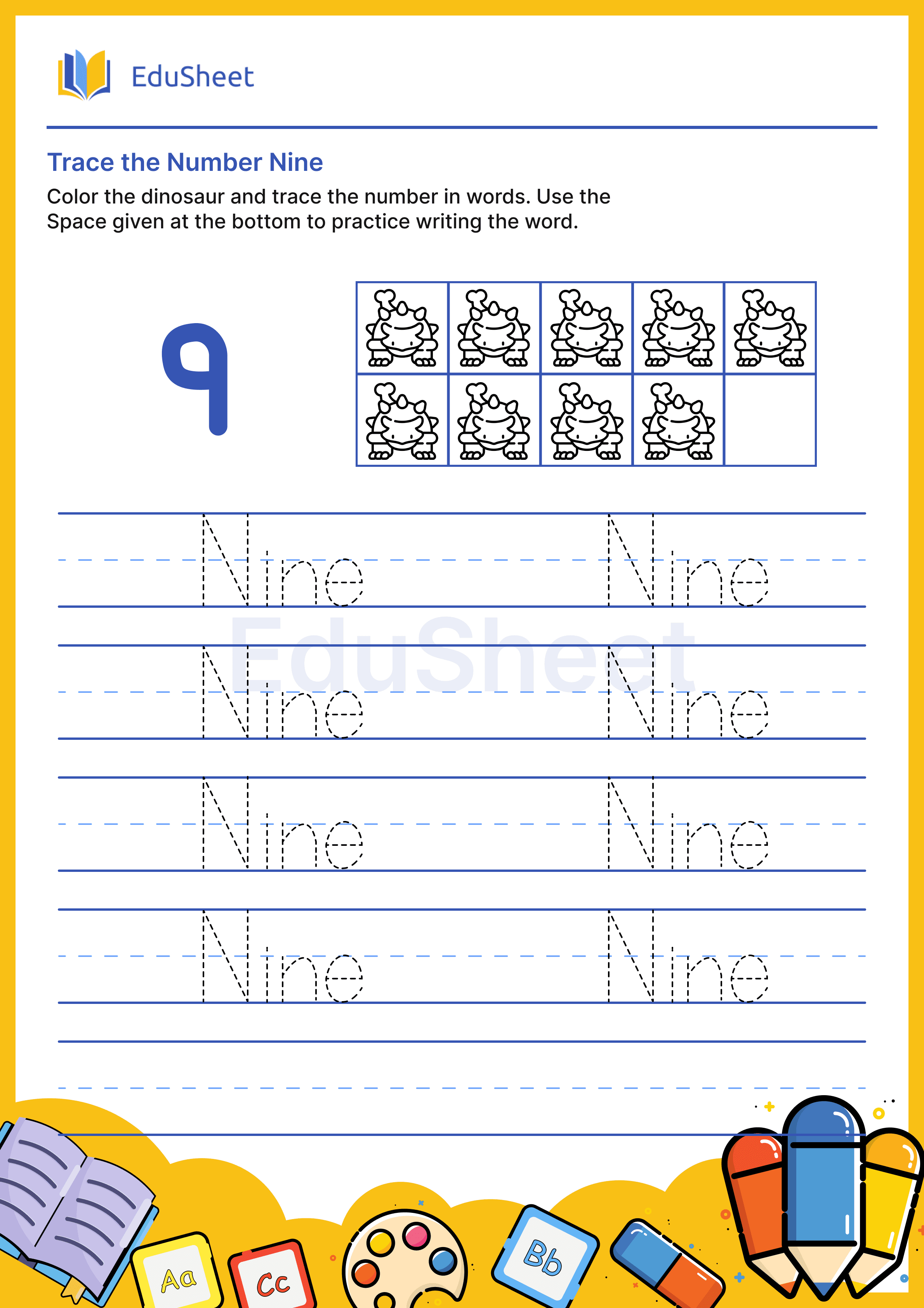 Trace dinosaur Numbers in Words "Nine"