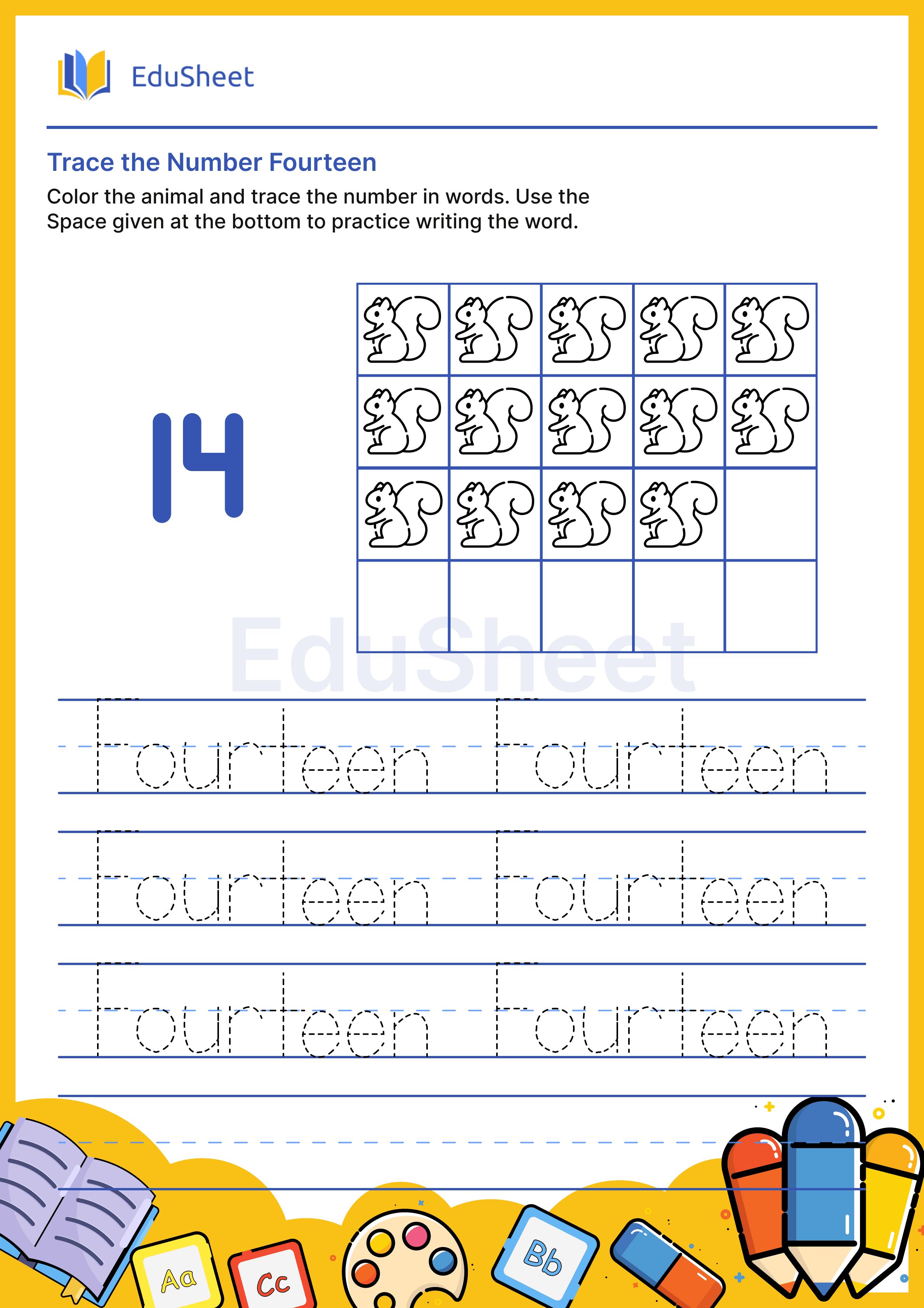Trace Animal Numbers in Words "Fourteen"