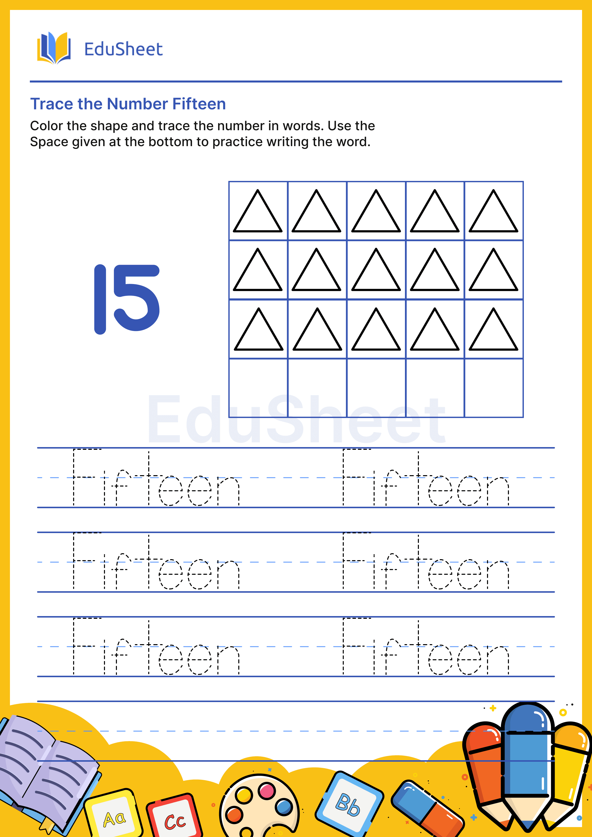Trace Shape Numbers in Words "Fifteen"