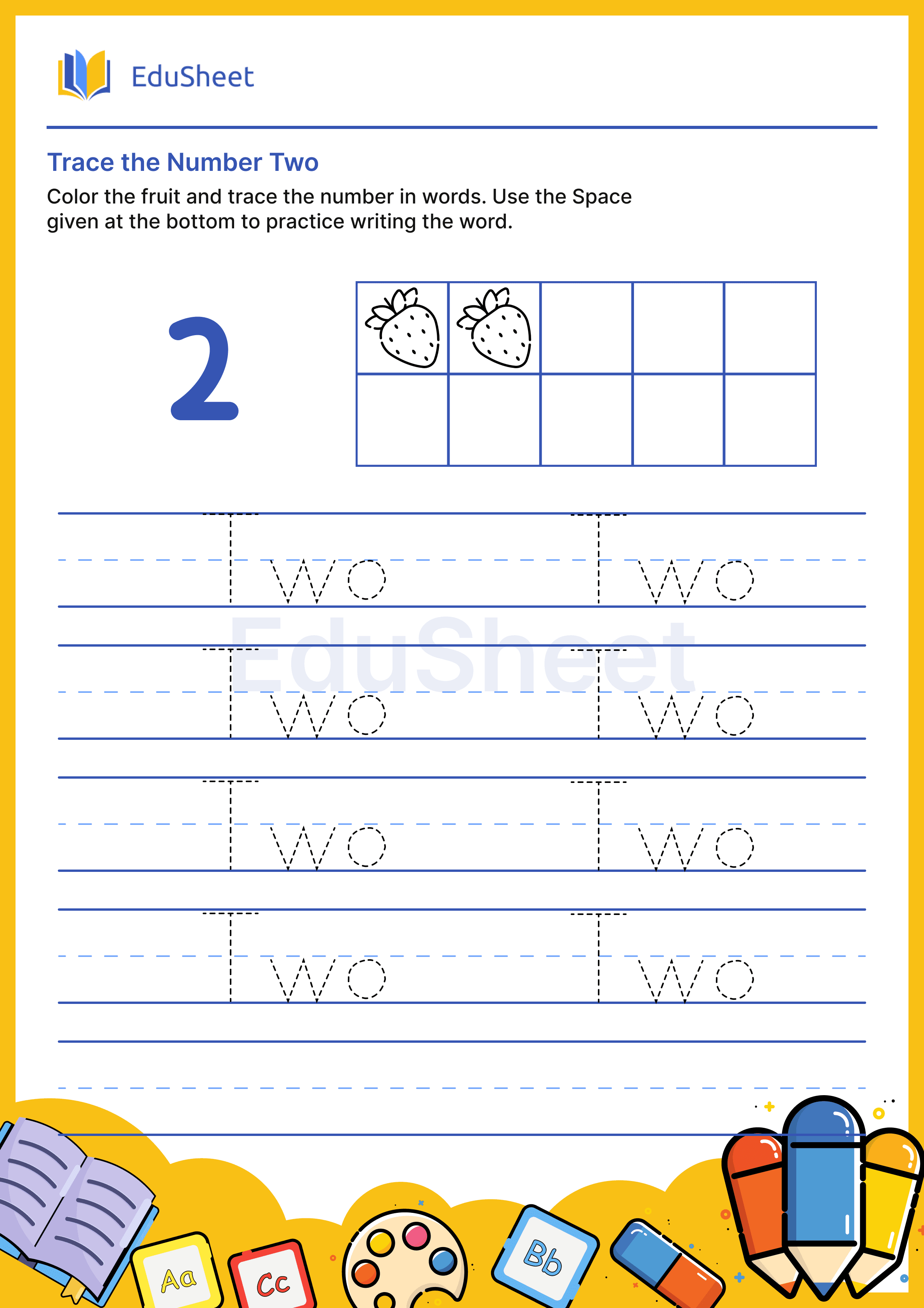 Trace fruits Numbers in Word "Two"