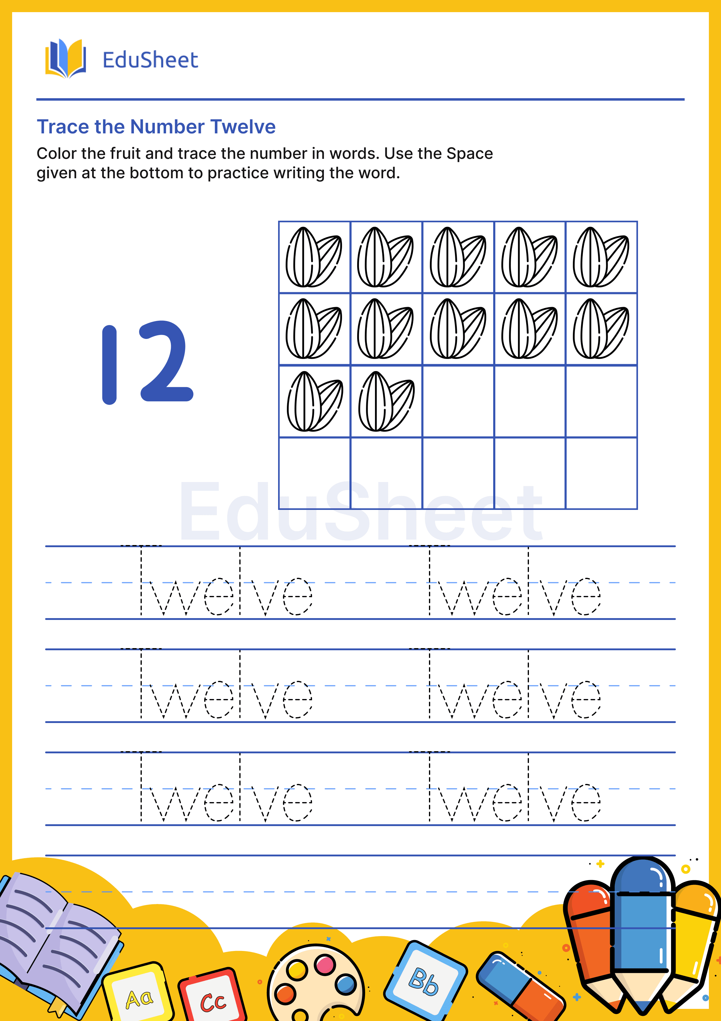 Trace fruits Numbers in Word "Twelve"