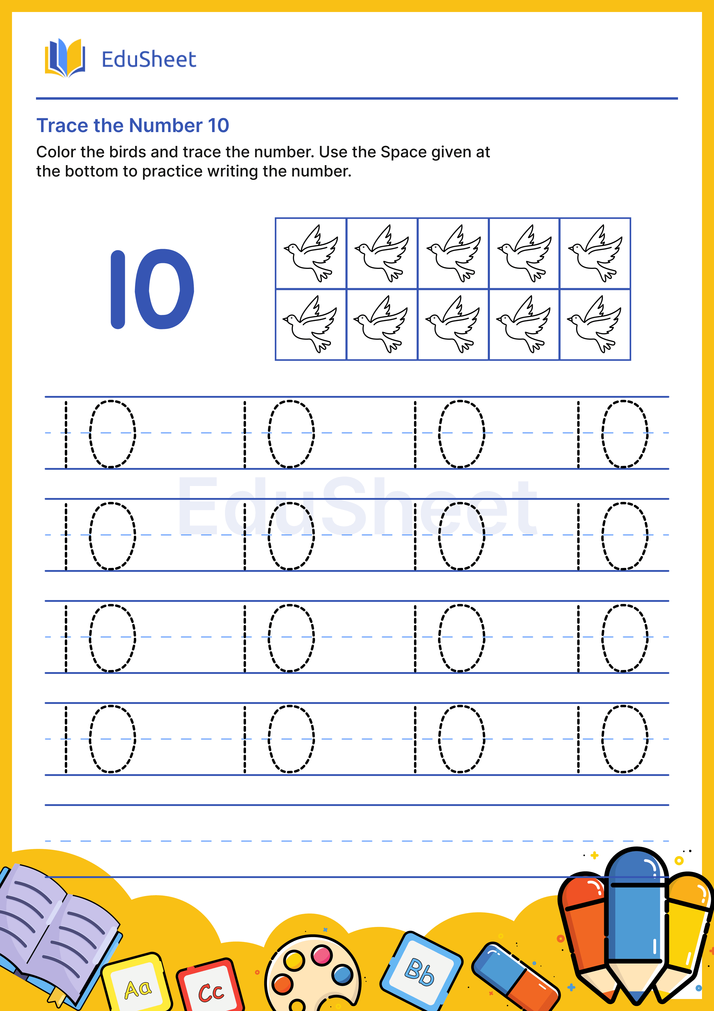 Trace the Number 10 : Birds