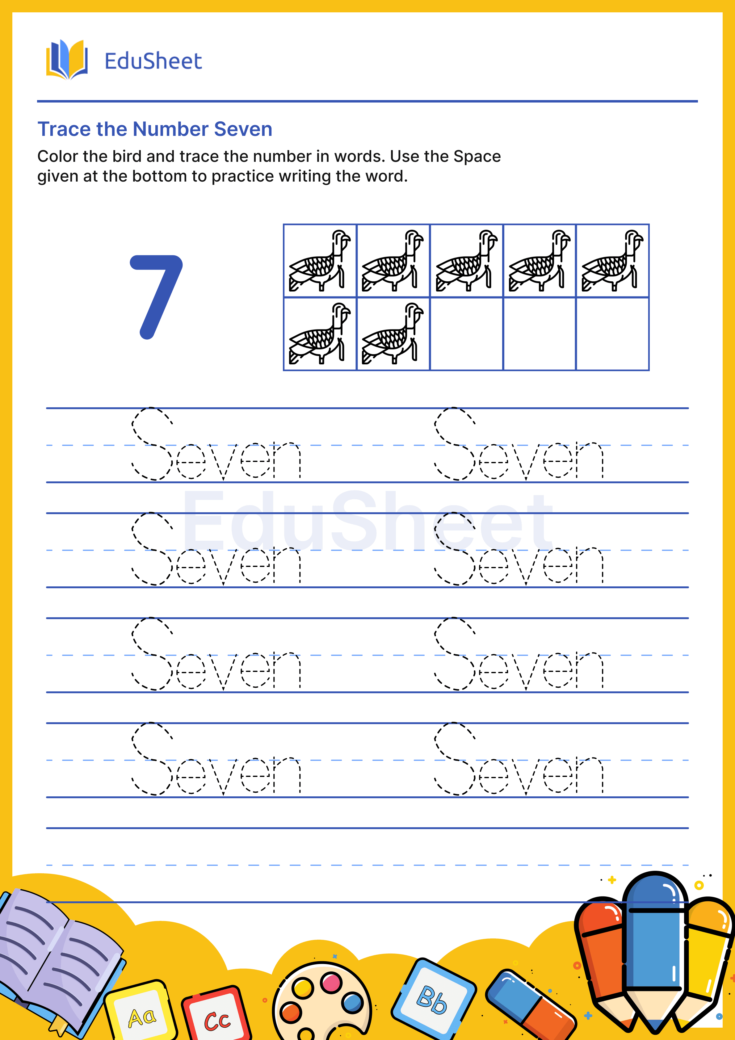 Trace Bird Numbers in Words "Seven"