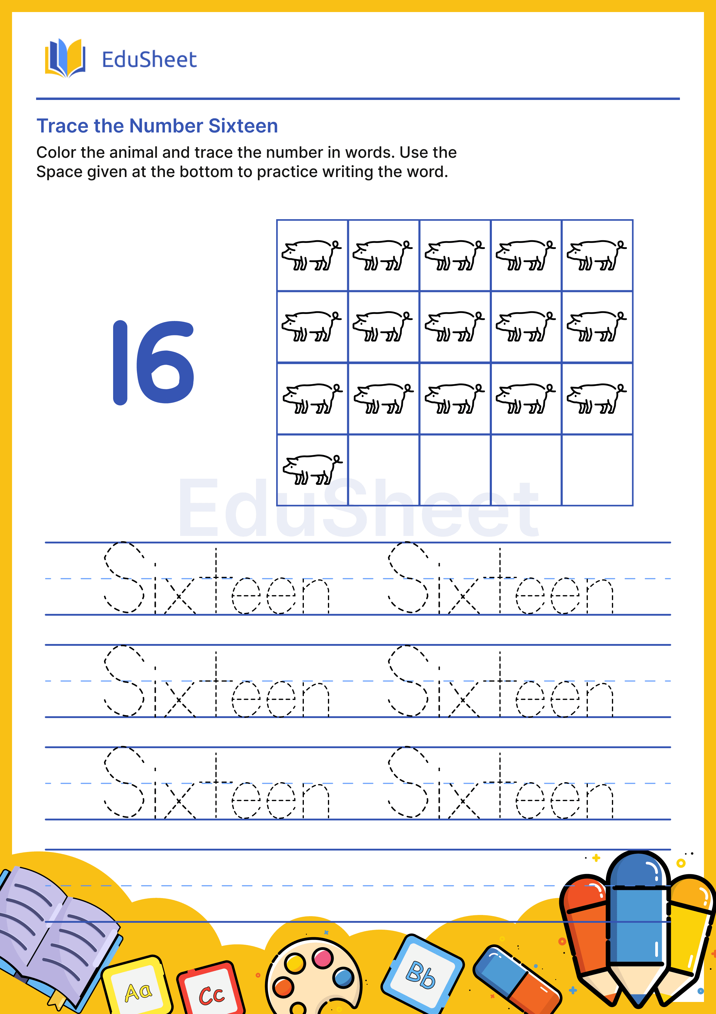 Trace Animal Numbers in Words "Sixteen"