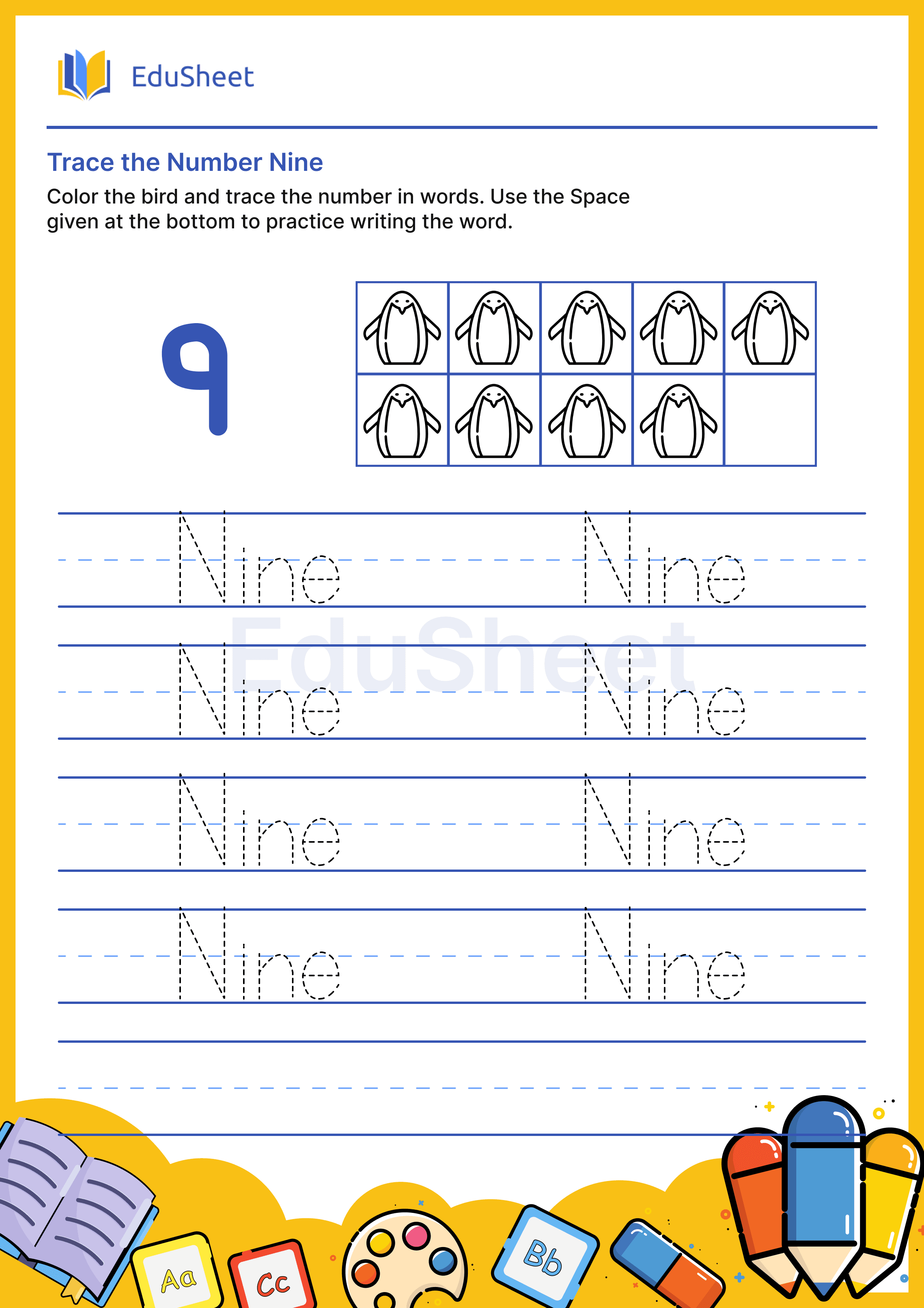 Trace Bird Numbers in Words "Nine"