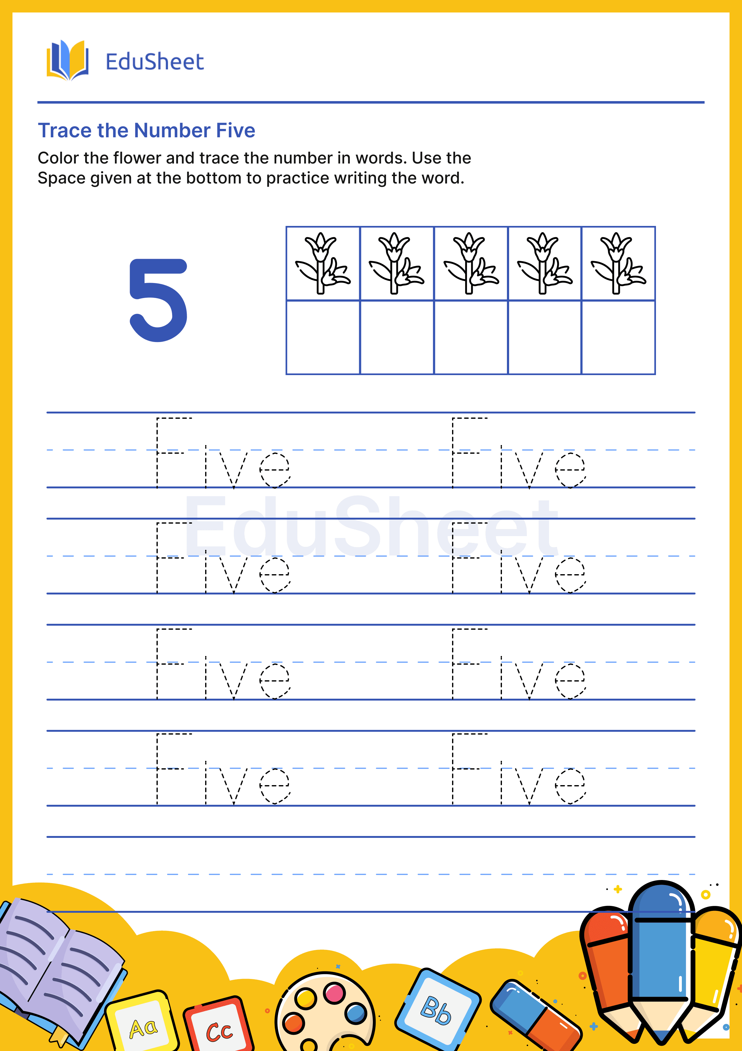 Trace Flower Numbers in Words "Five"