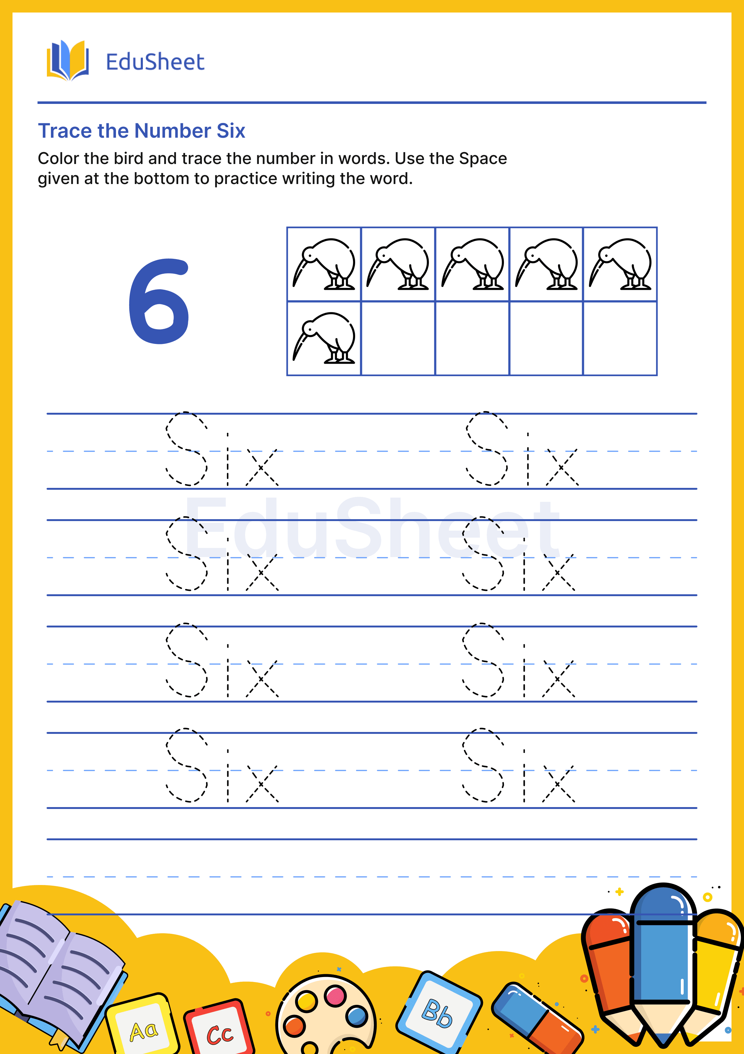 Trace Bird Numbers in Words "Six"