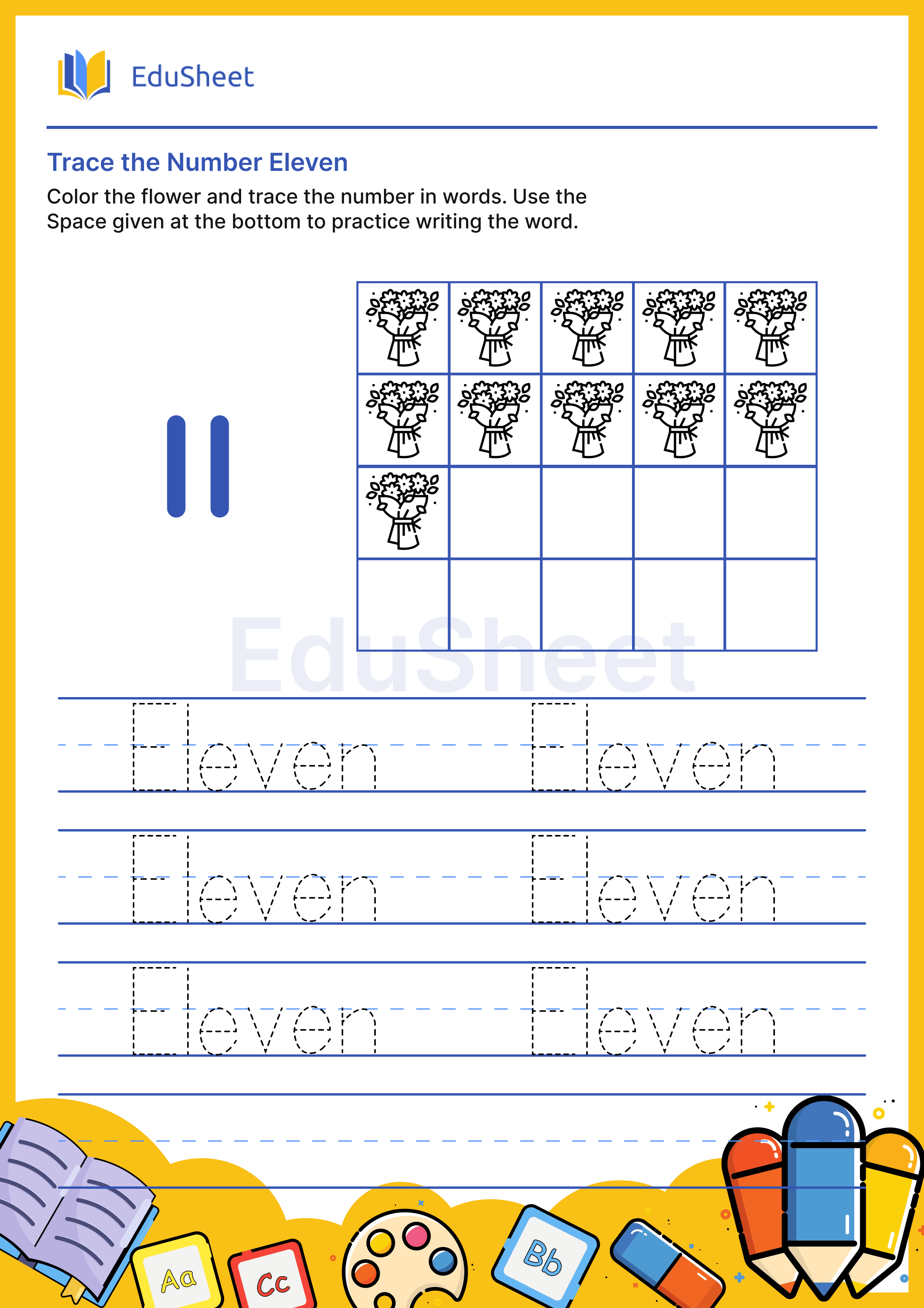Trace Flower Numbers in Words "Eleven"