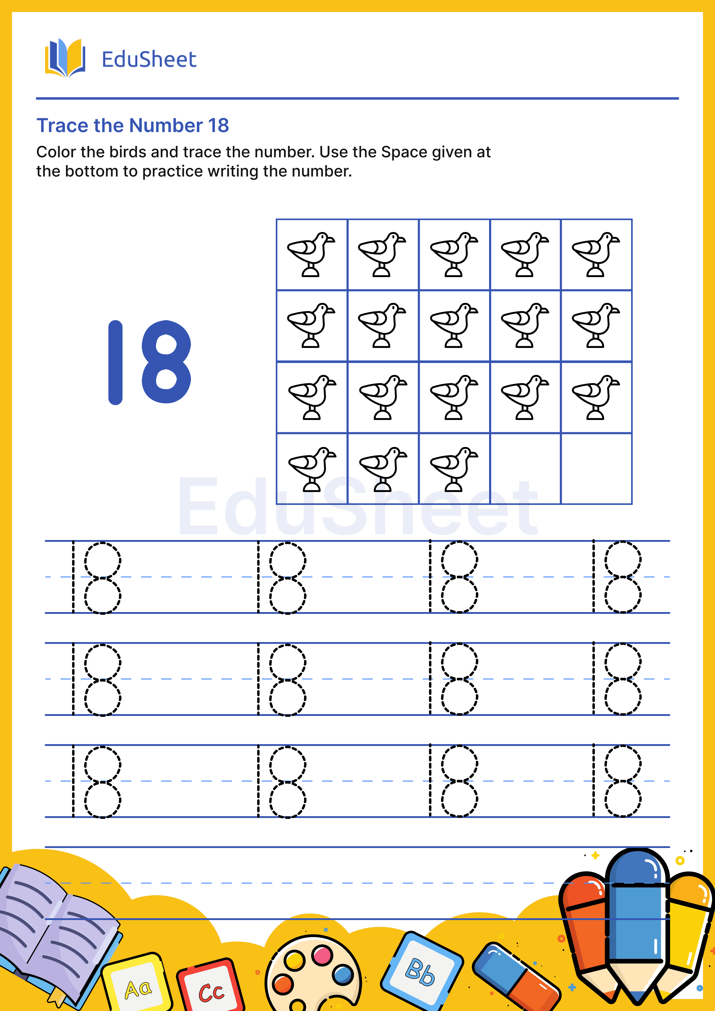 Trace the Number 18 : Birds