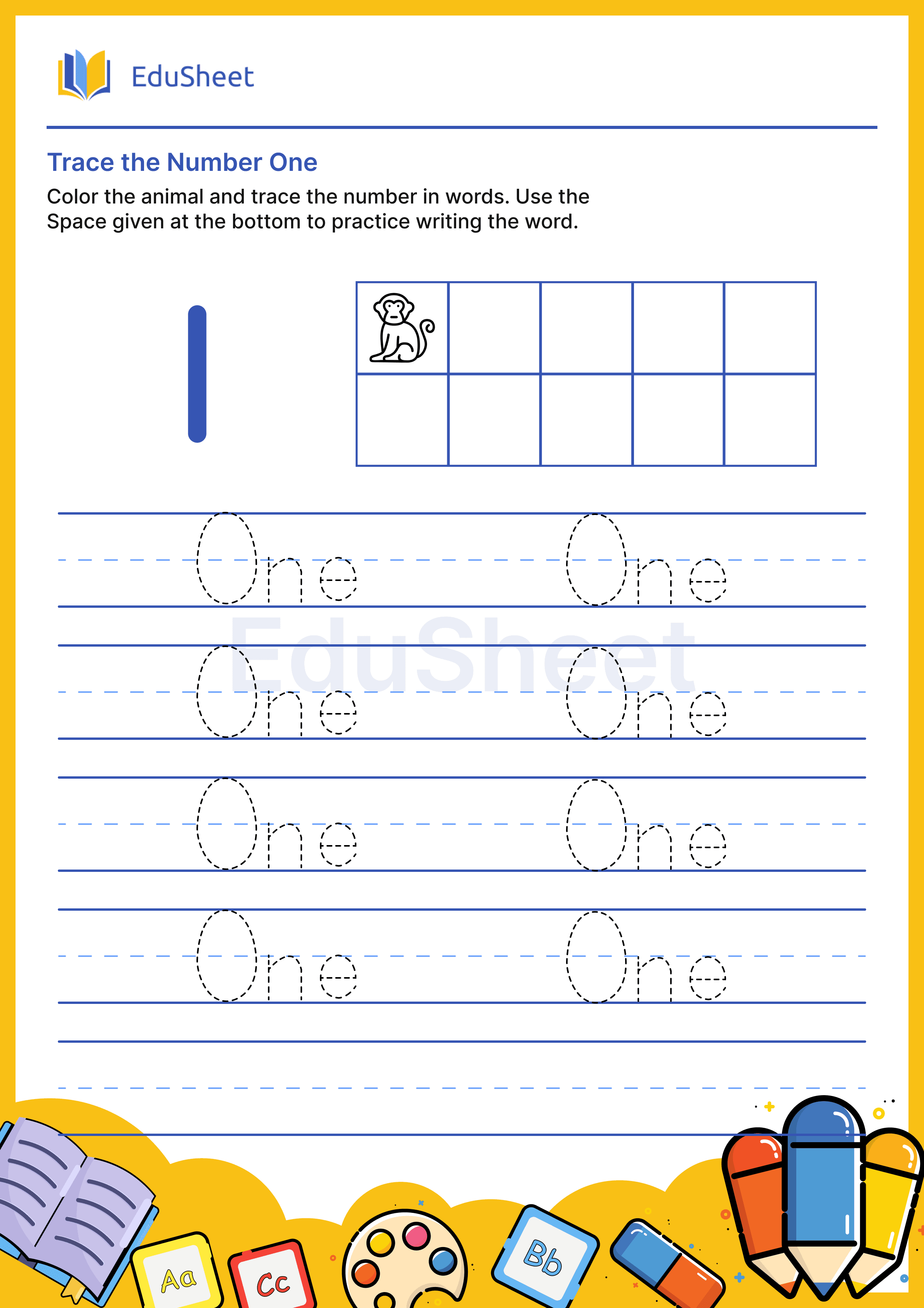 Trace Animal Numbers in Words "One"