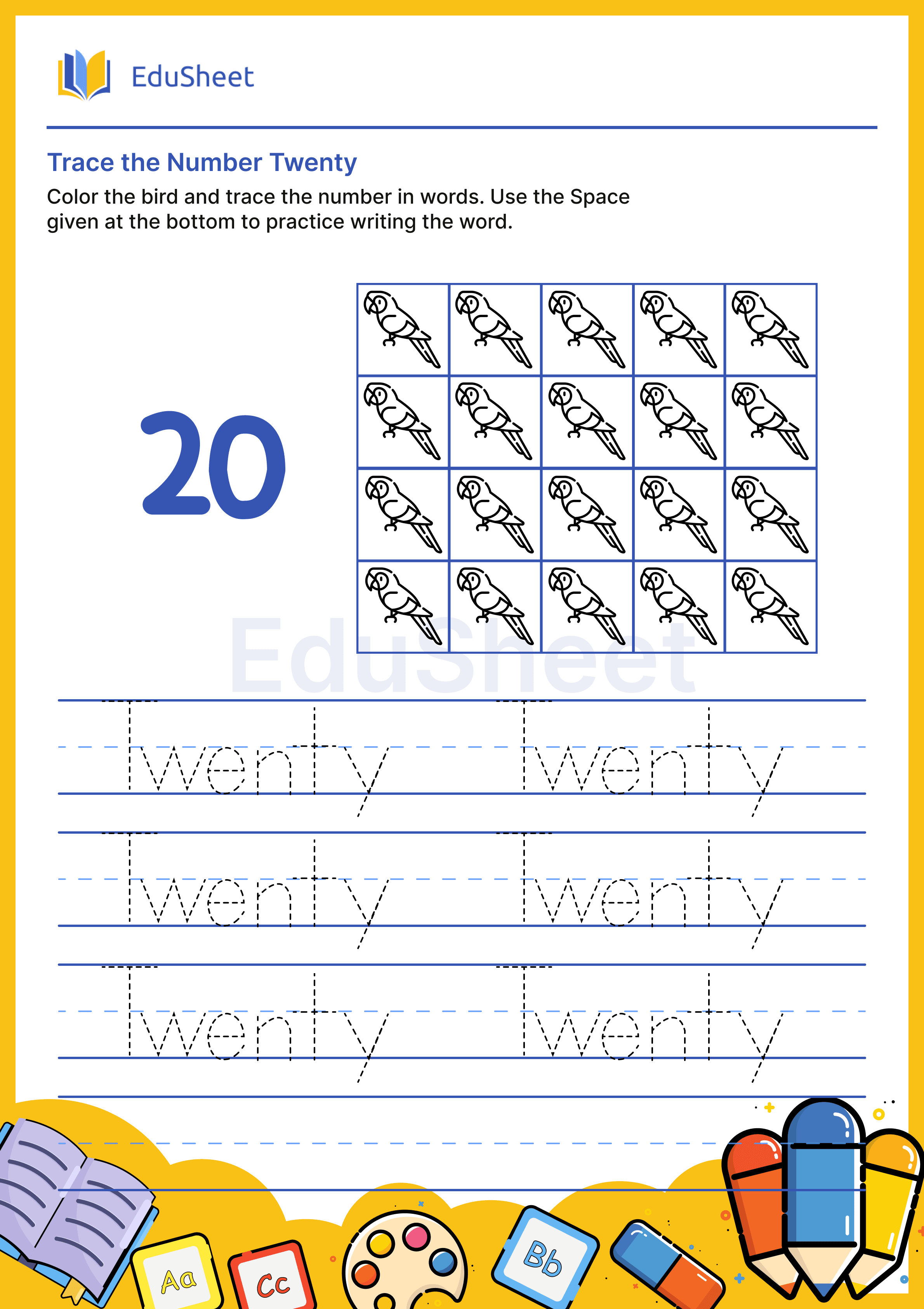 Trace Bird Numbers in Words "Twenty"