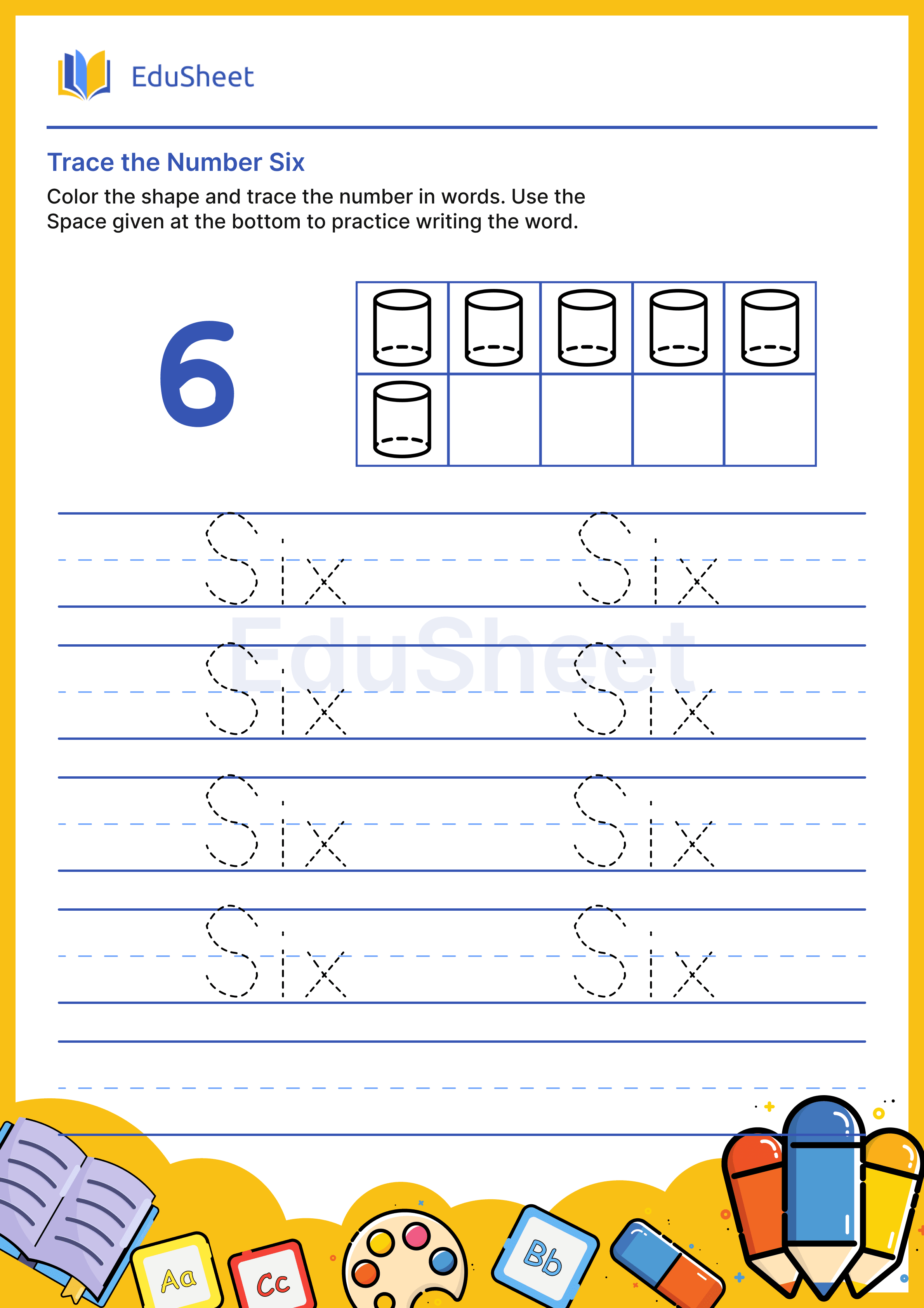 Trace Shape Numbers in Words "Six"
