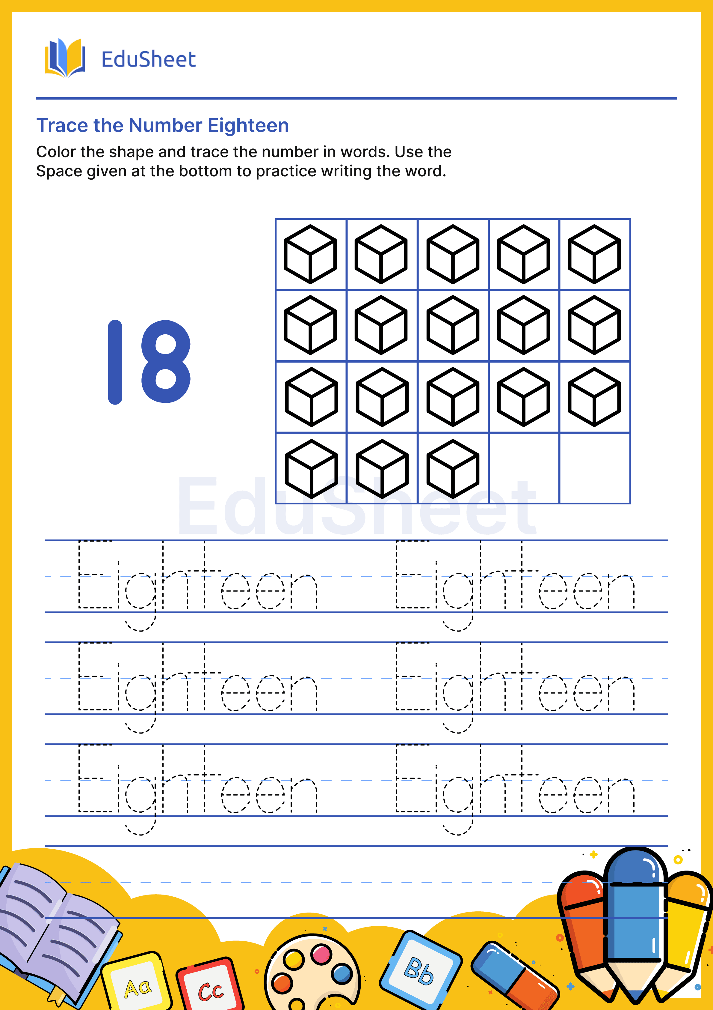 Trace Shape Numbers in Words "Eighteen"
