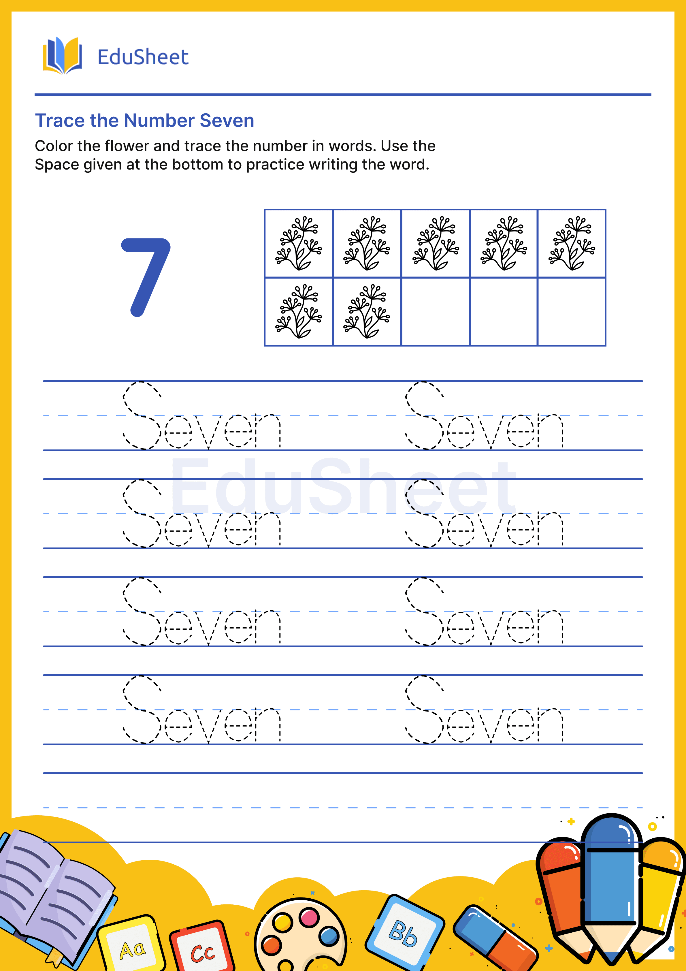 Trace Flower Numbers in Words "Seven"