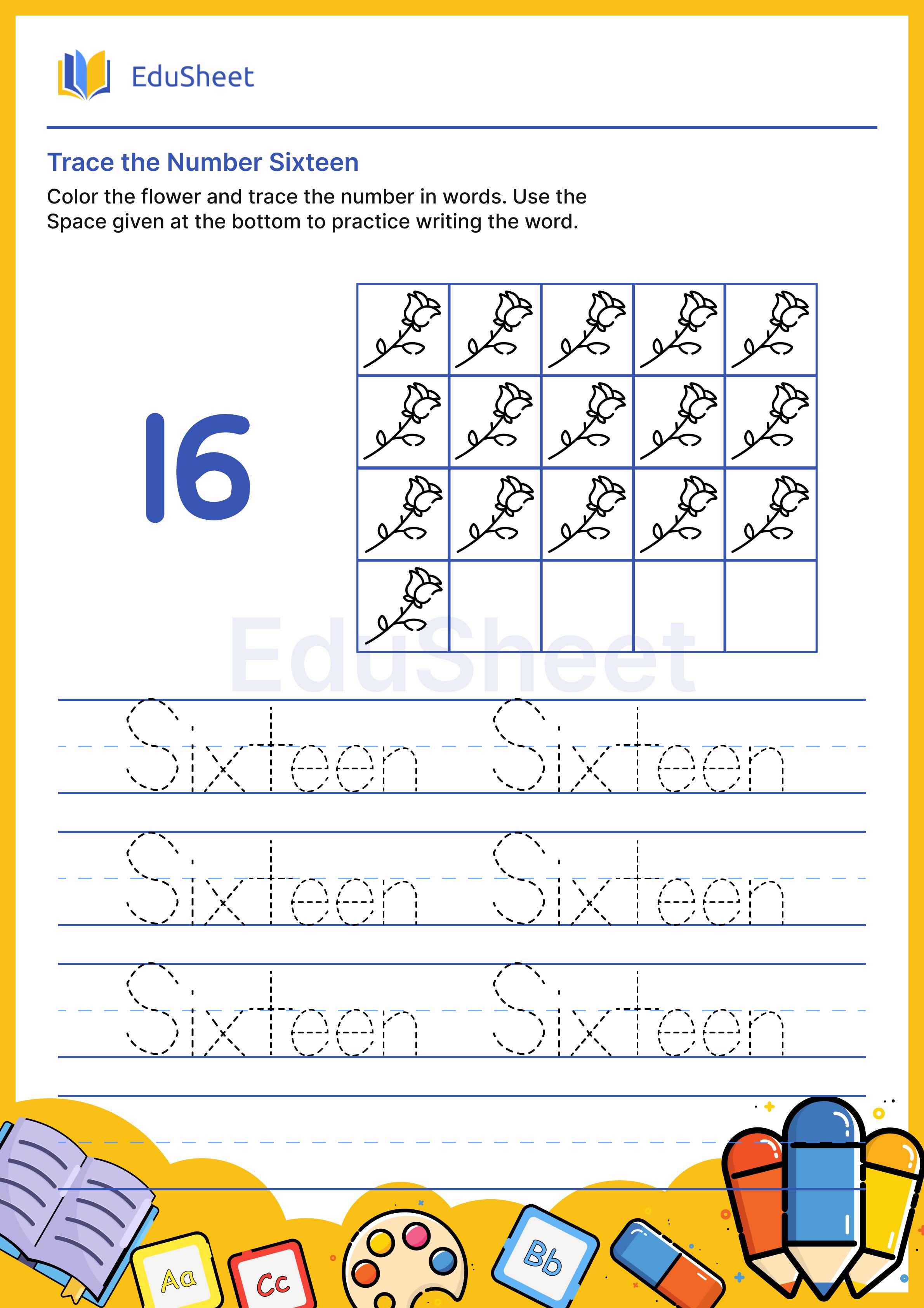 Trace Flower Numbers in Words "Sixteen"