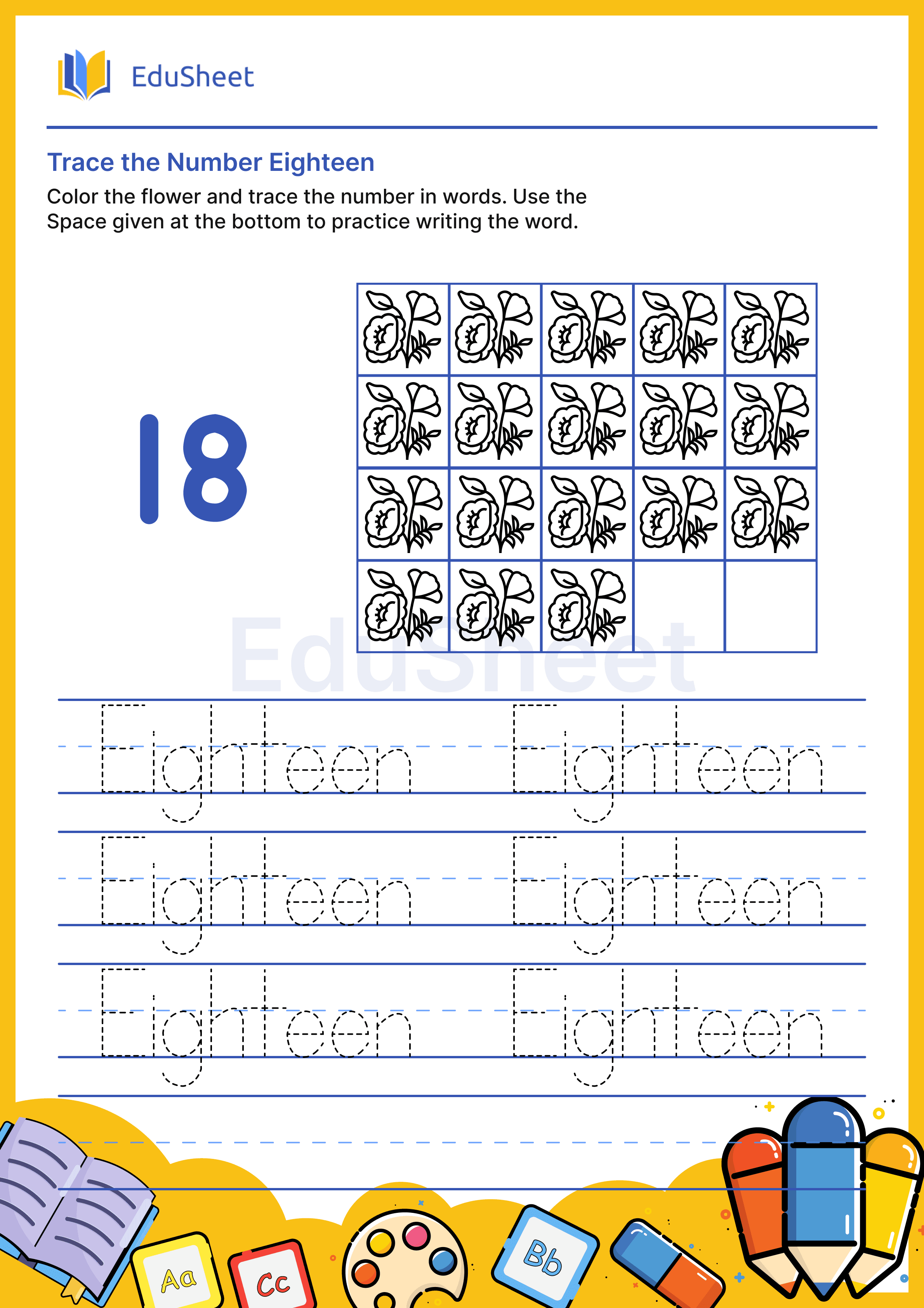 Trace Flower Numbers in Words "Eighteen"