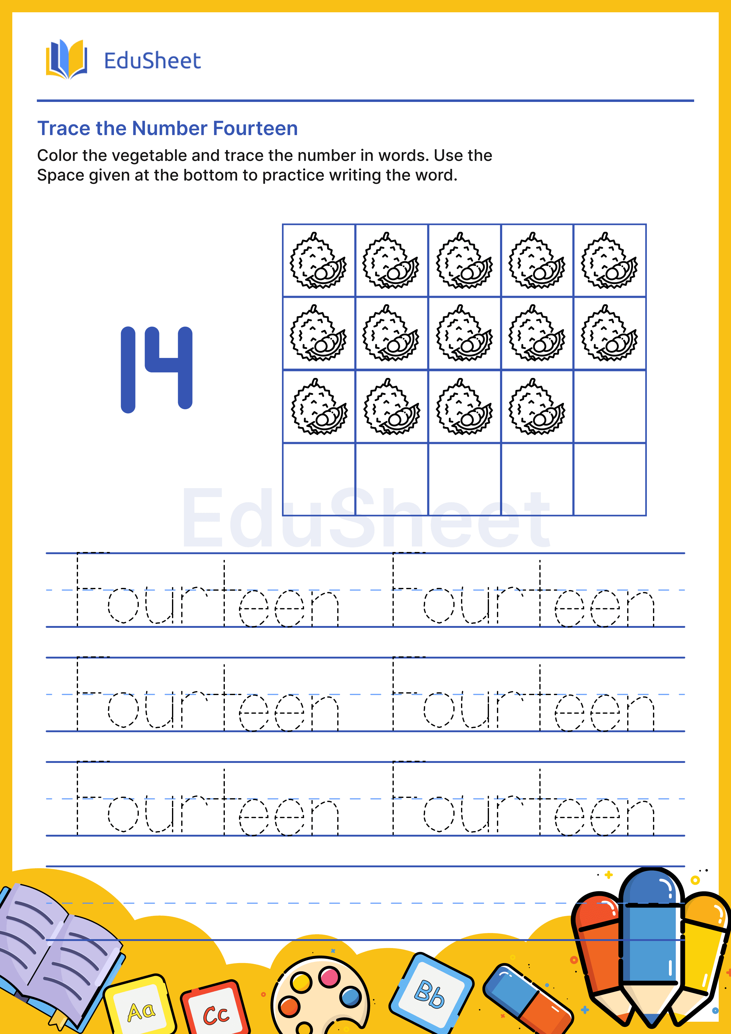 Trace vegetables Numbers in word "Fourteen"