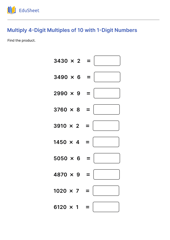 Multiply 4-Digit Multiples of 10 with 1-Digit Numbers