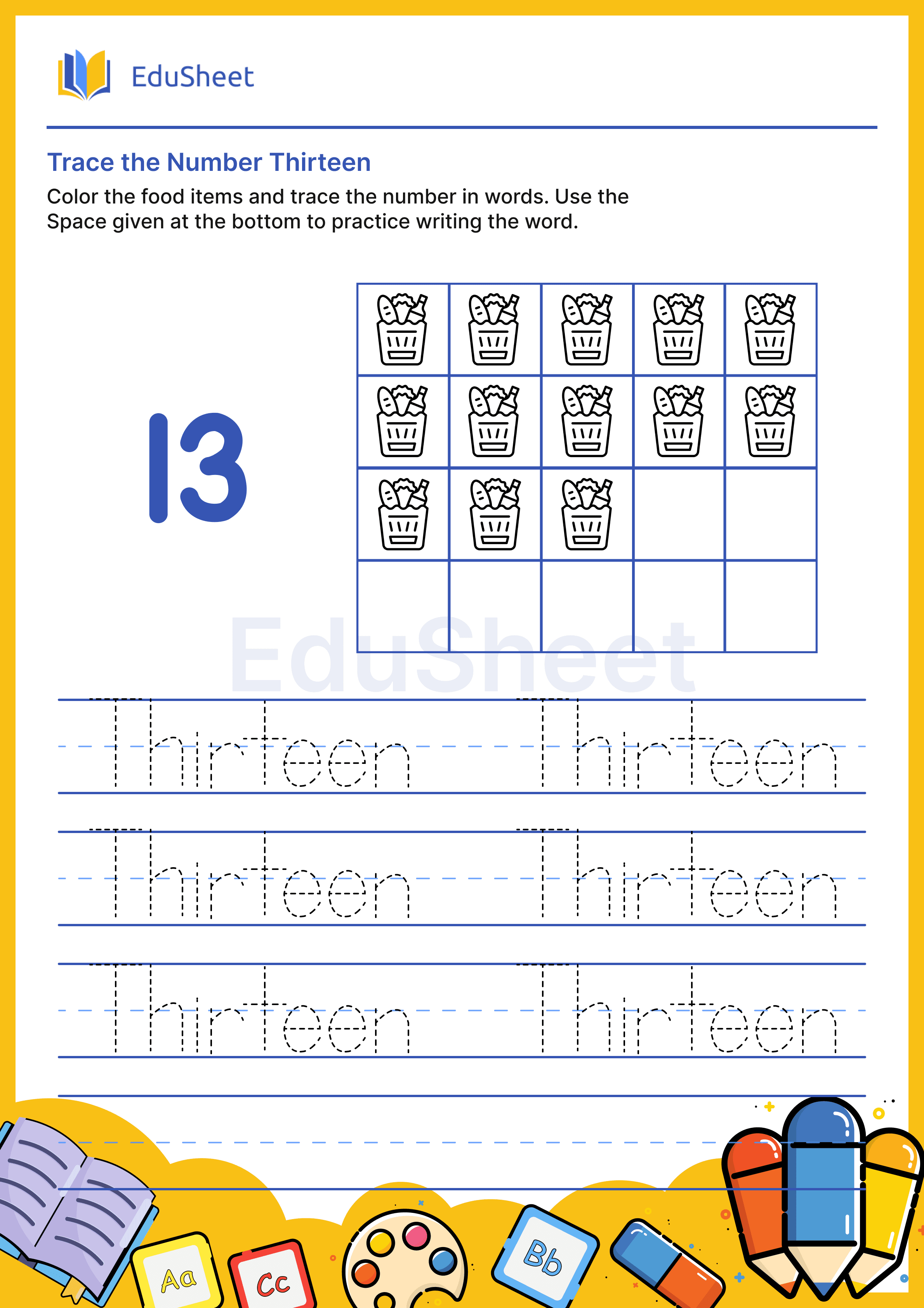 Trace food items Numbers in Words "Thirteen"