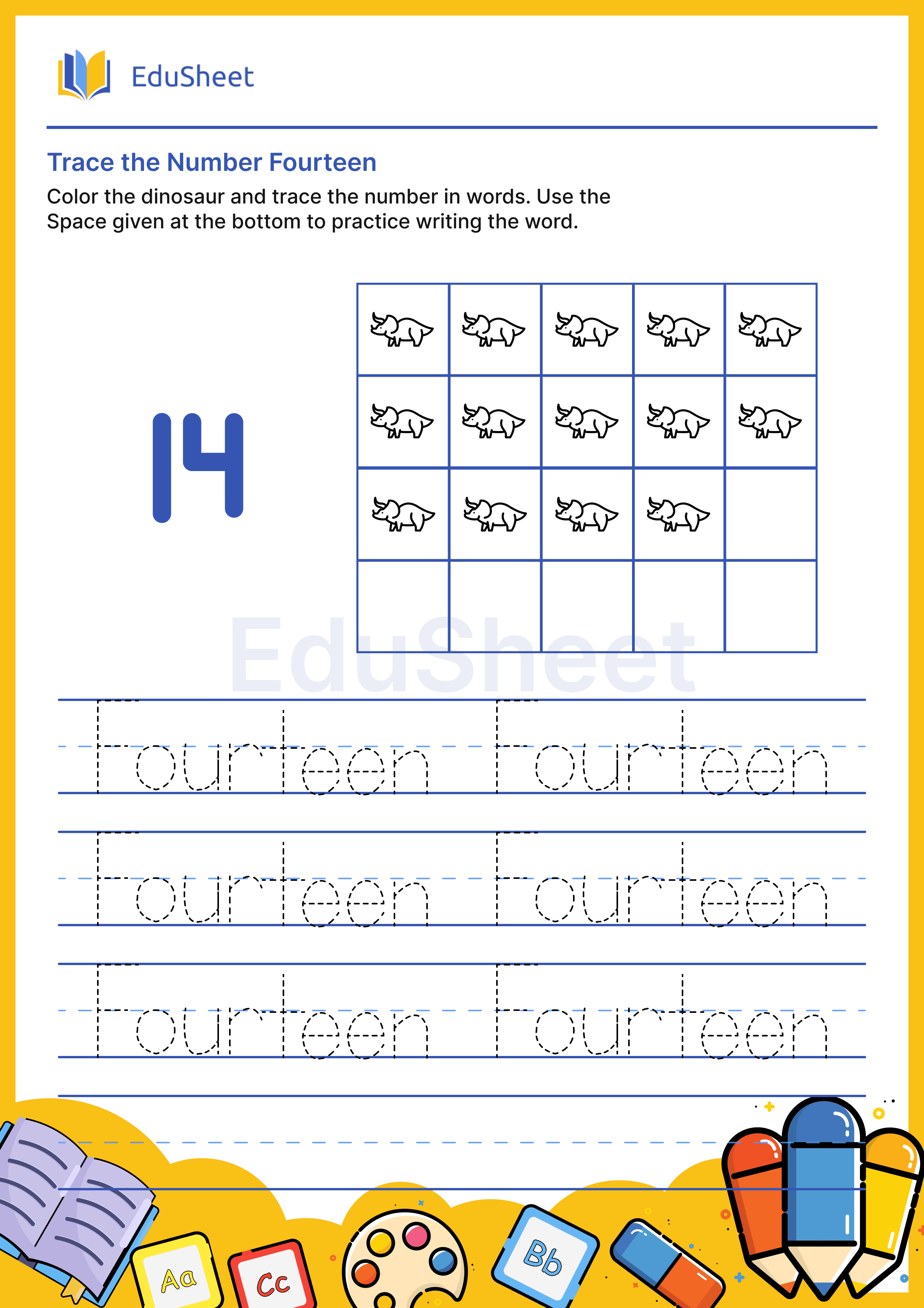 Trace dinosaur Numbers in Words "Fourteen"