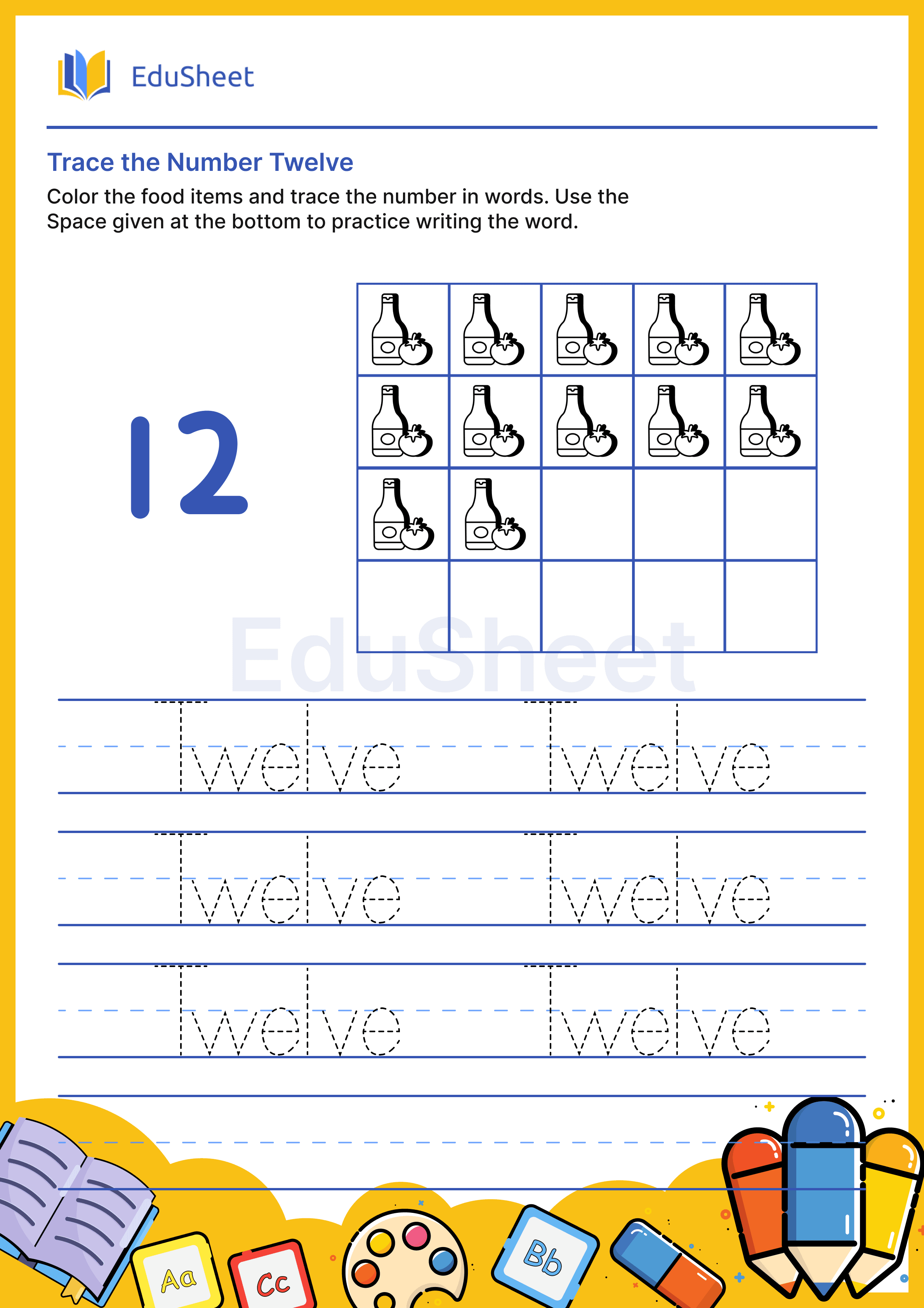 Trace food items Numbers in Words "Twelve"