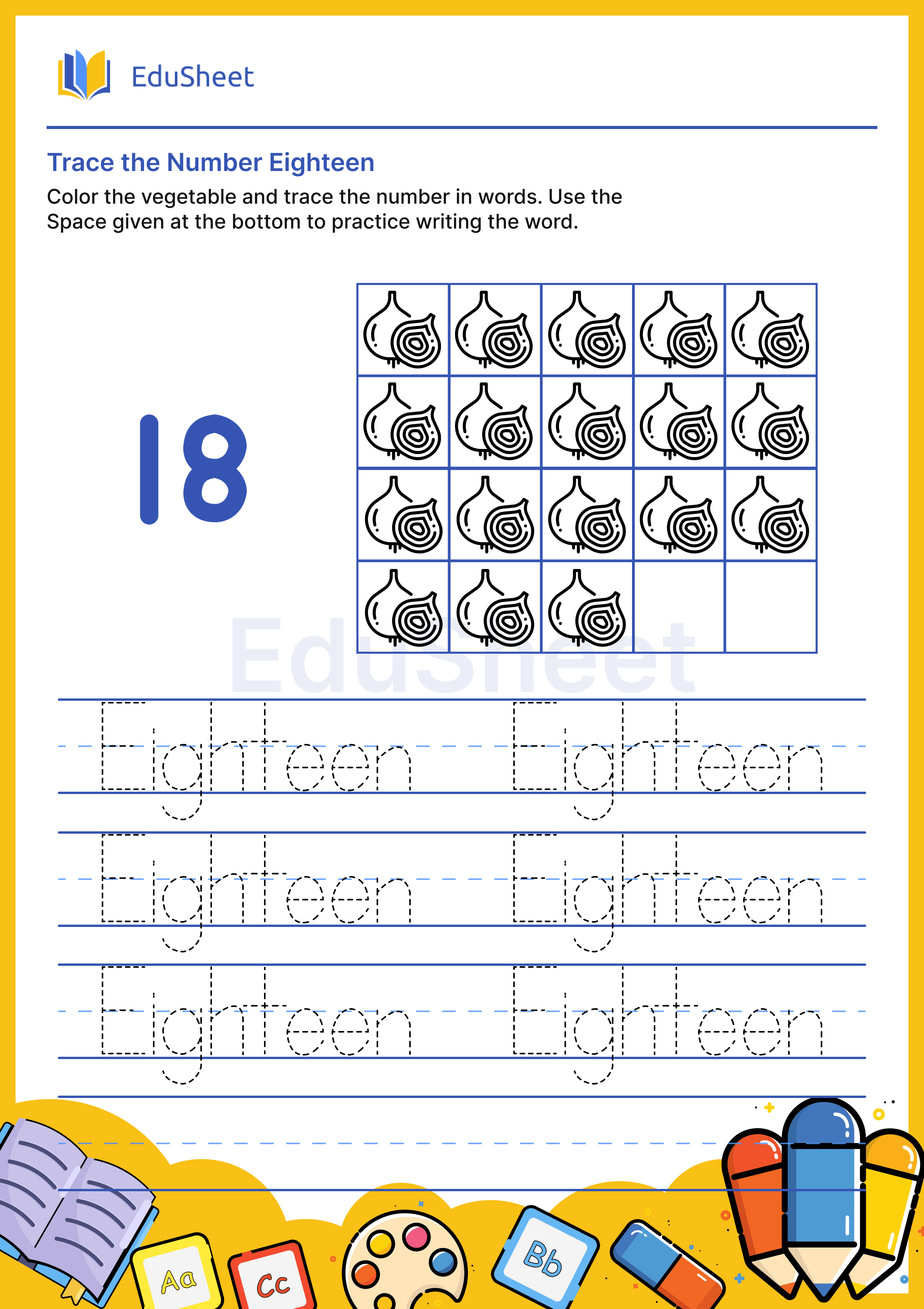 Trace vegetables Numbers in word "Eighteen"