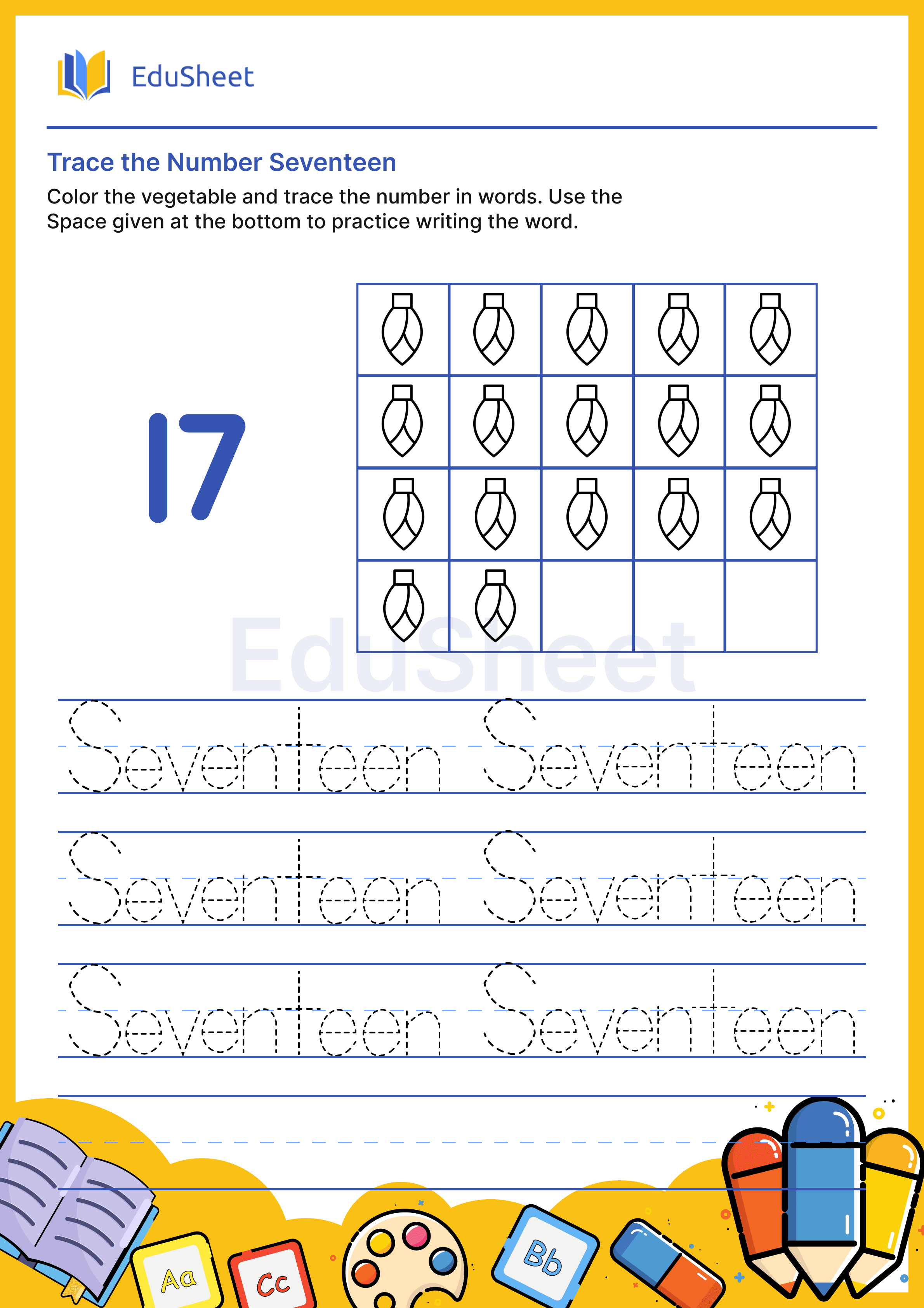 Trace vegetables Numbers in word "Seventeen"