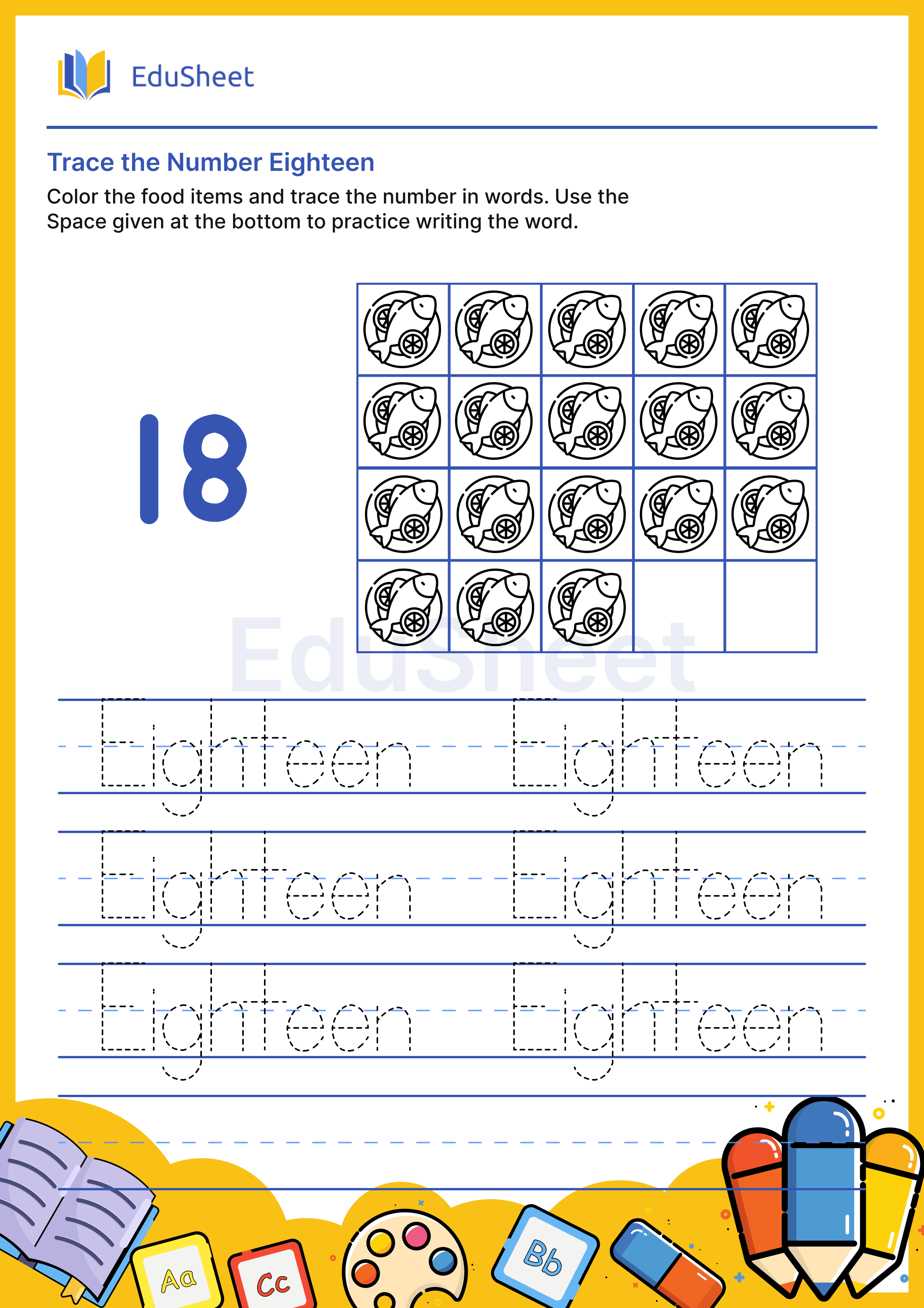Trace food items Numbers in Words "Eighteen"