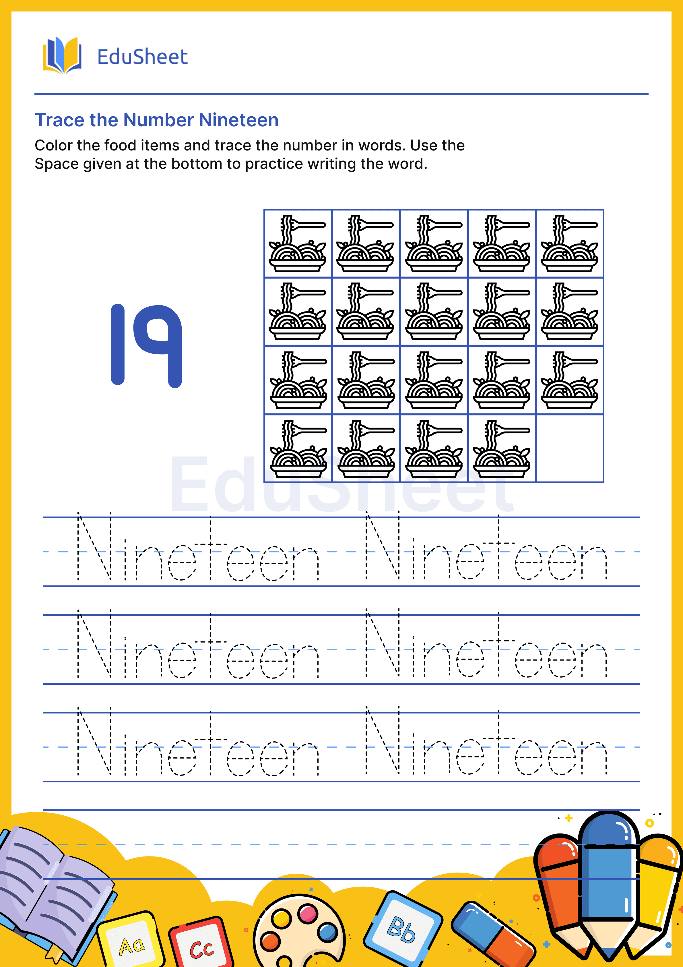 Trace food items Numbers in Words "Nineteen"
