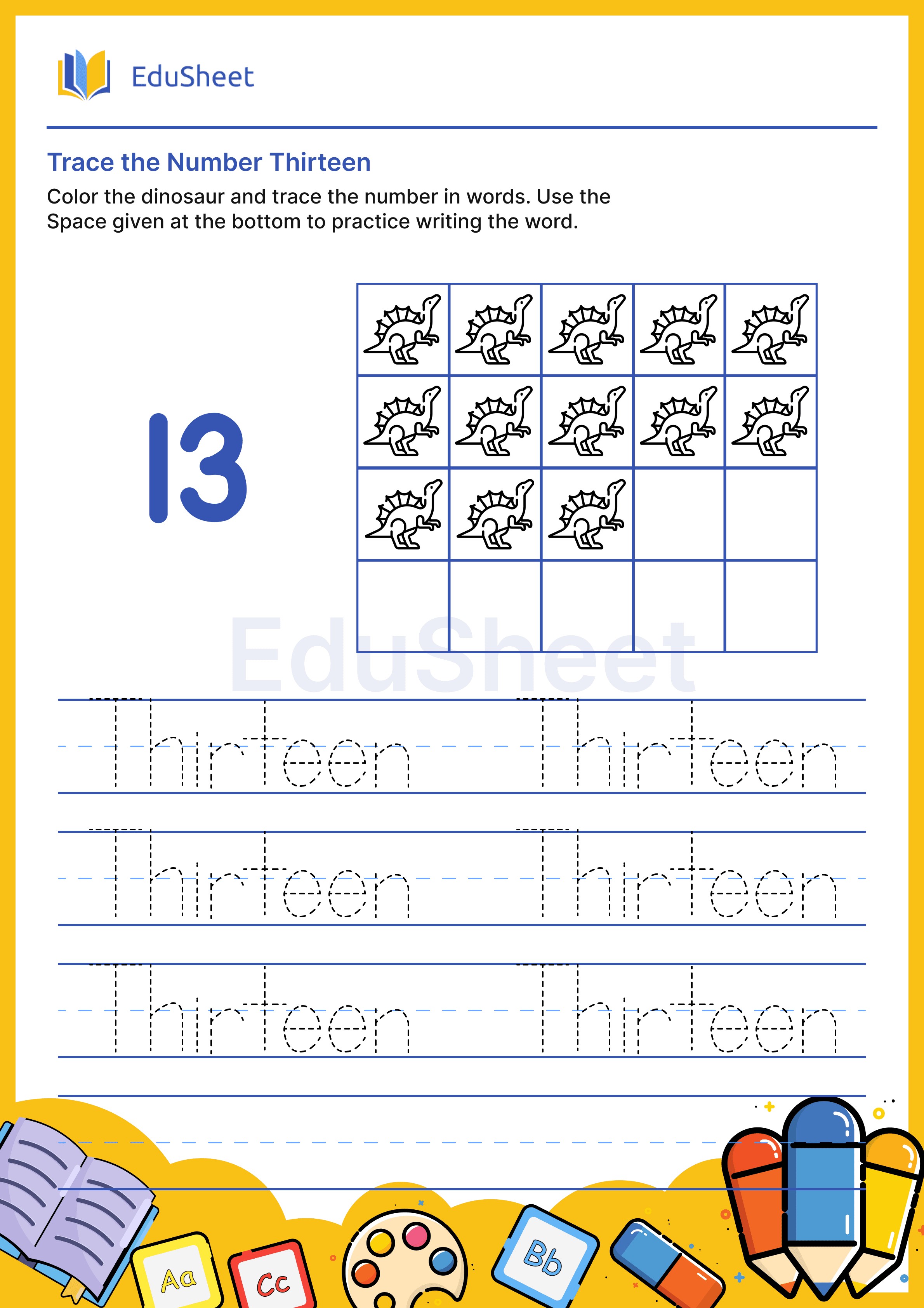 Trace dinosaur Numbers in Words "Thirteen"