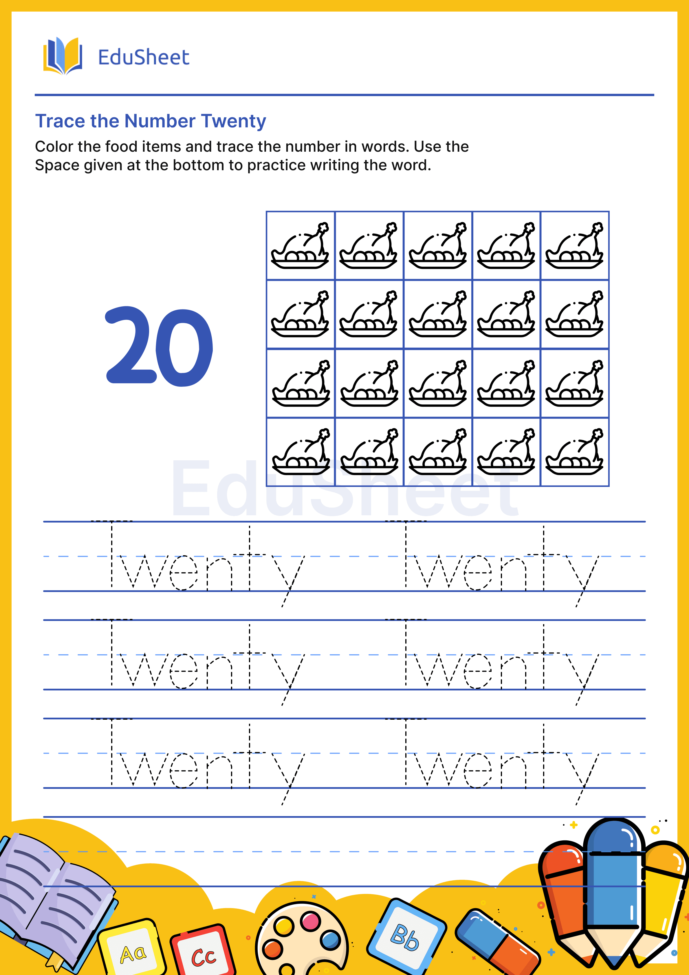 Trace food items Numbers in Word "Twenty"