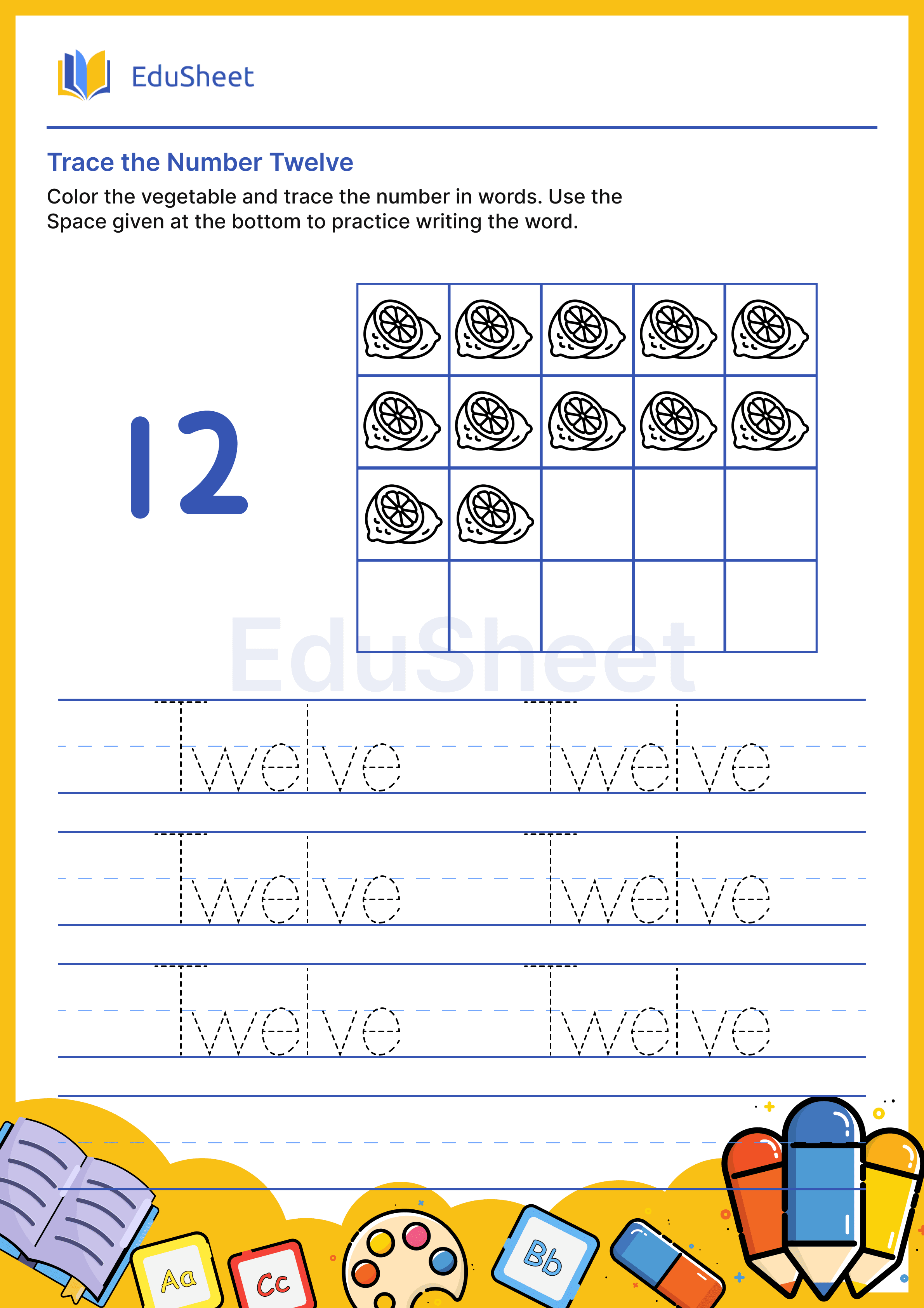 Trace vegetables Numbers in word "Twelve"