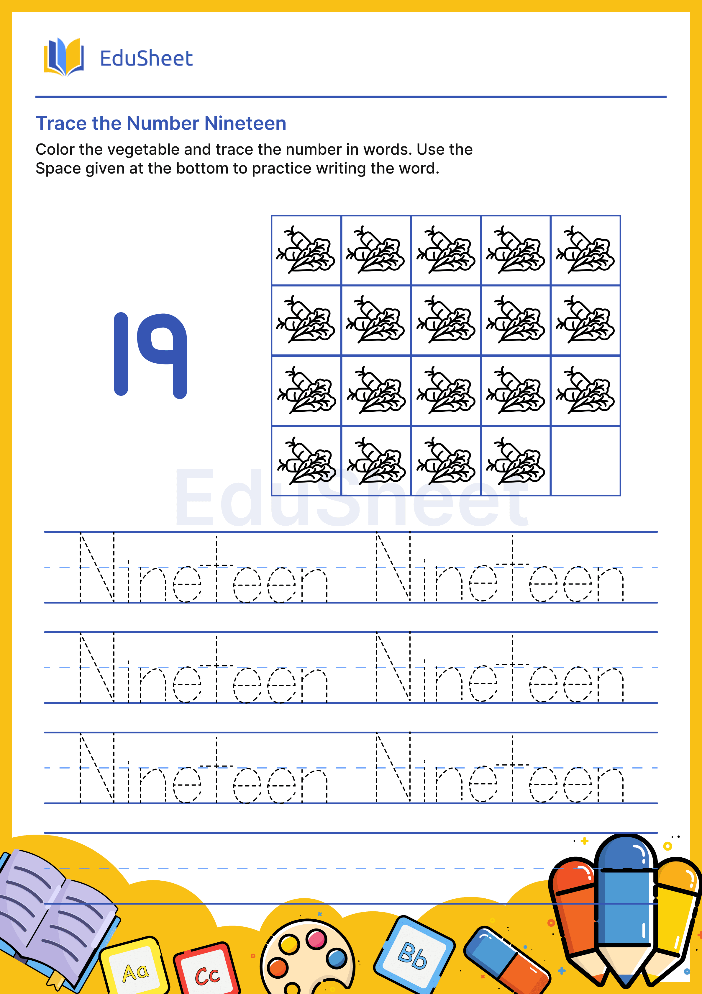 Trace vegetables Numbers in word "Nineteen"