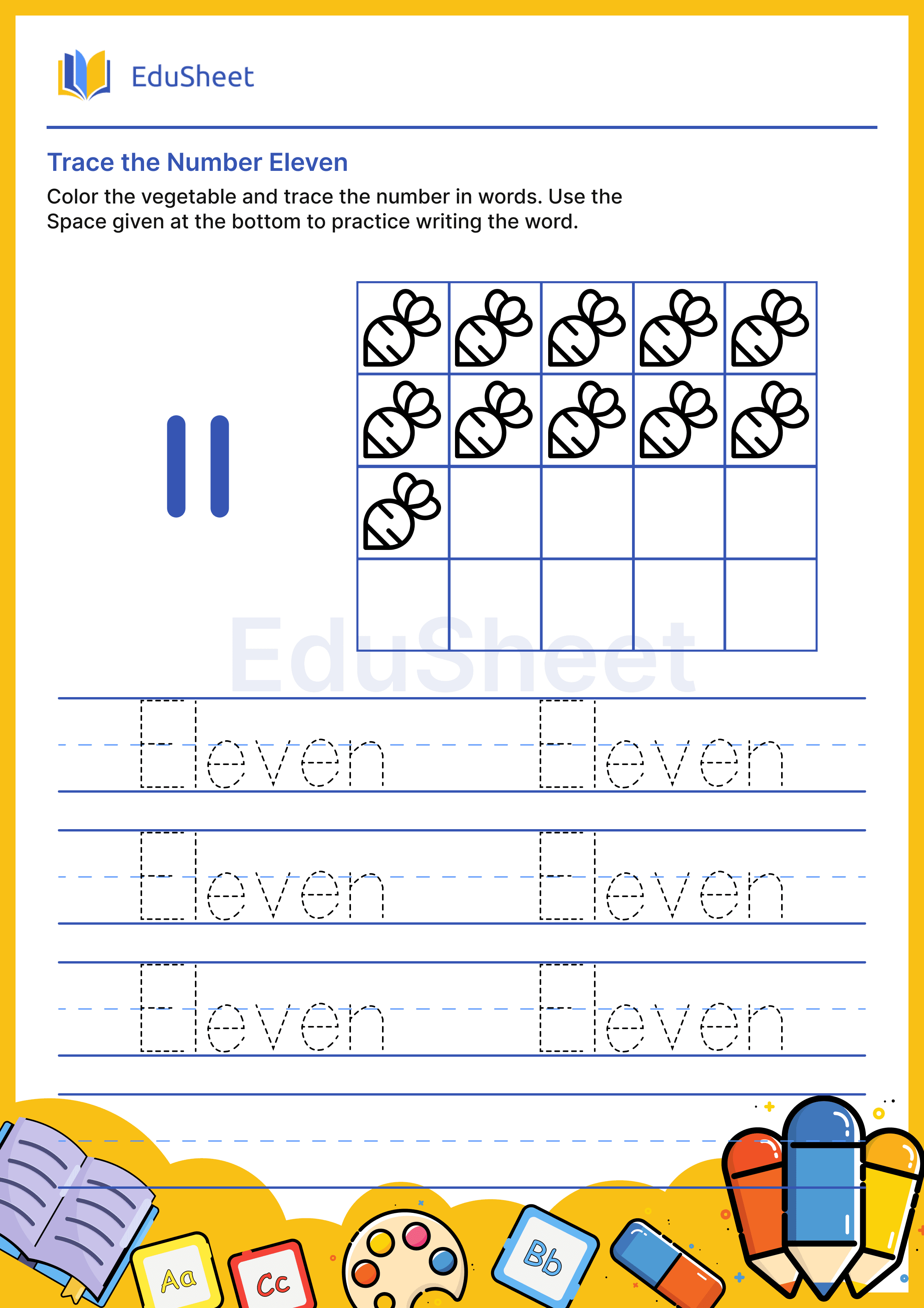 Trace vegetables Numbers in word "Eleven"